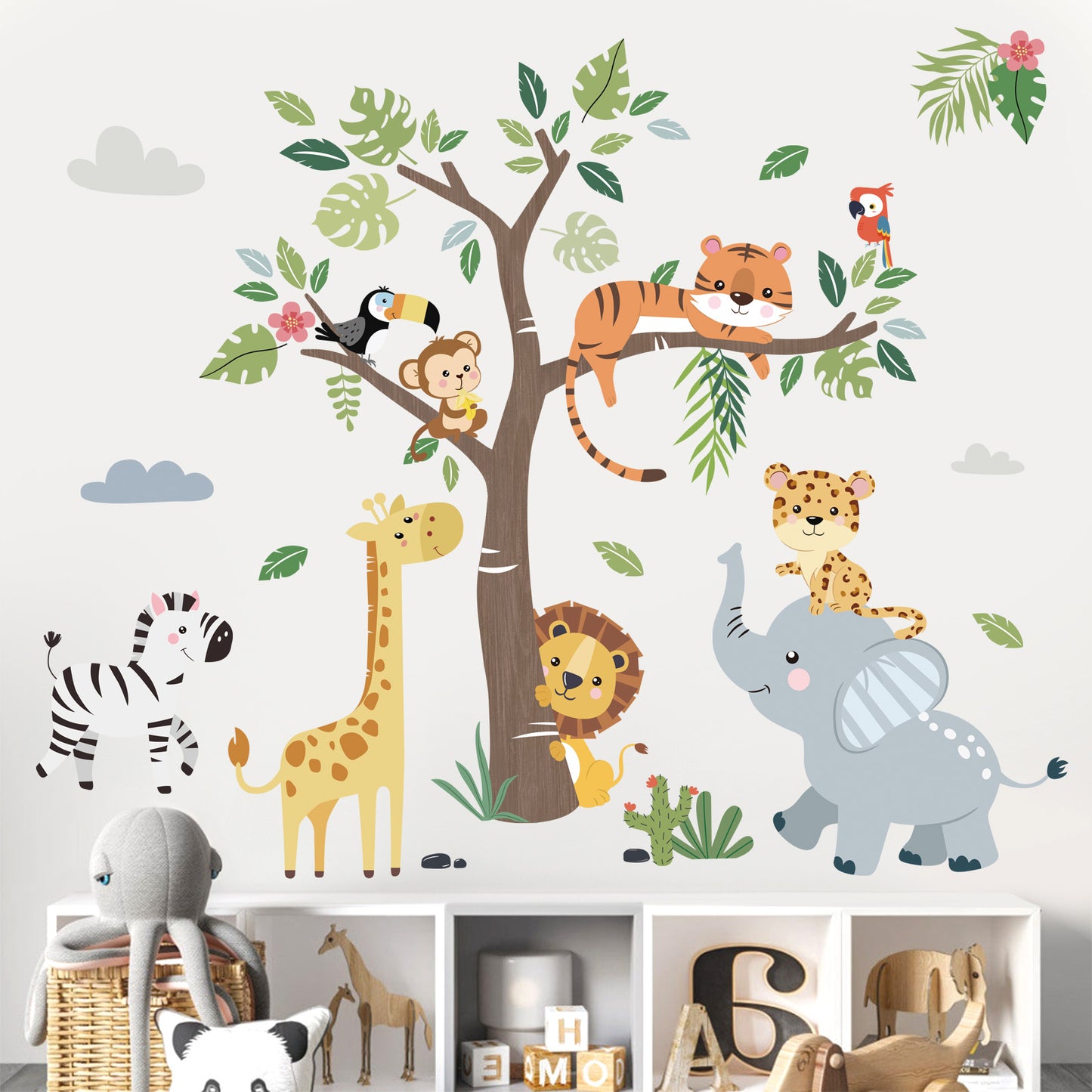 decalmile Jungle Animals Tree Wall Decals Elephant Giraffe Lion Safari Wall Stickers