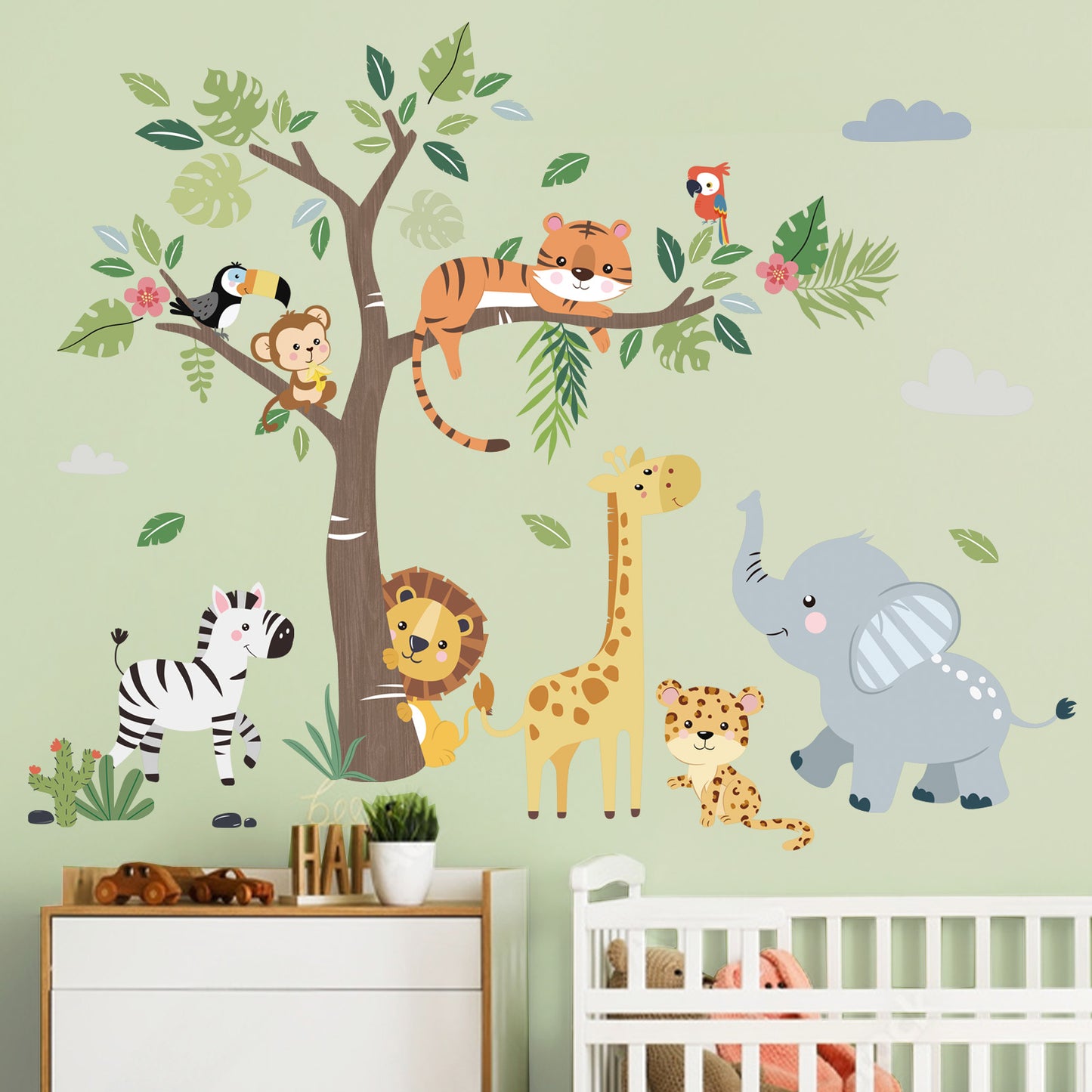 decalmile Jungle Animals Tree Wall Decals Elephant Giraffe Lion Safari Wall Stickers