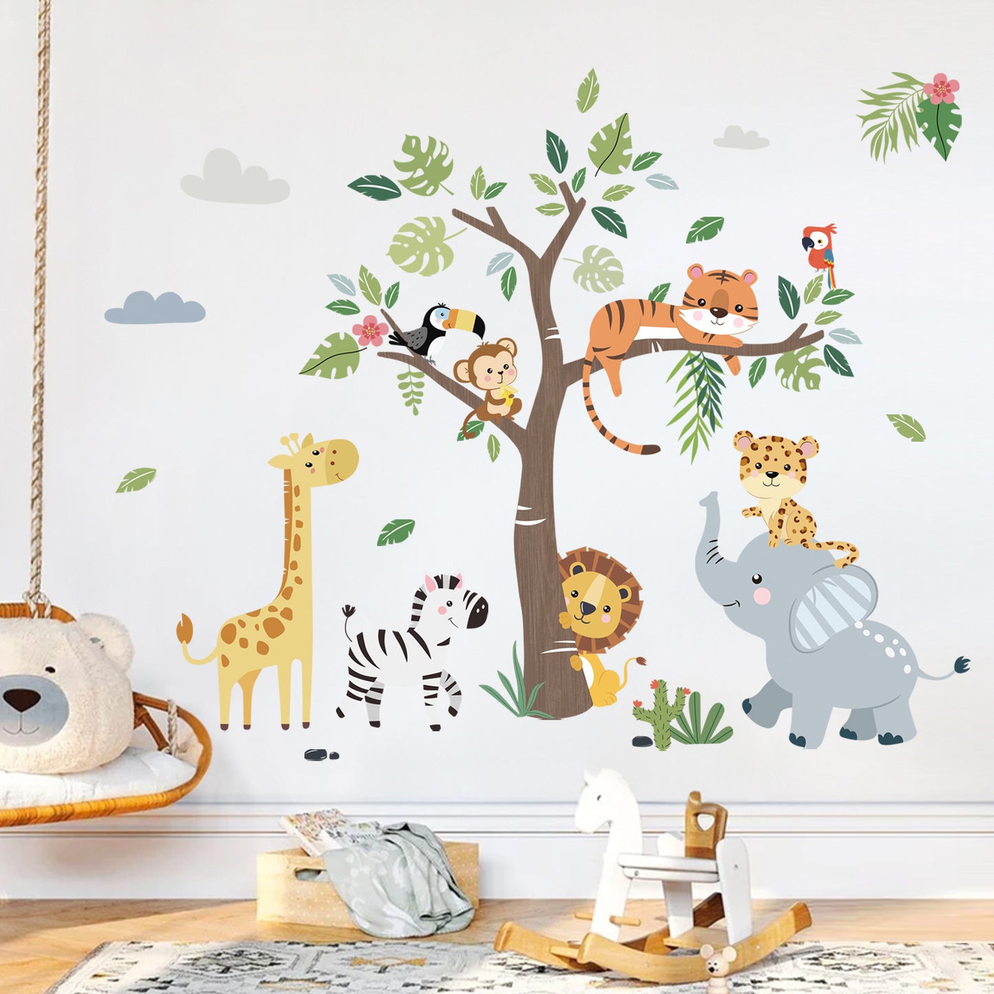 decalmile Jungle Animals Tree Wall Decals Elephant Giraffe Lion Safari Wall Stickers