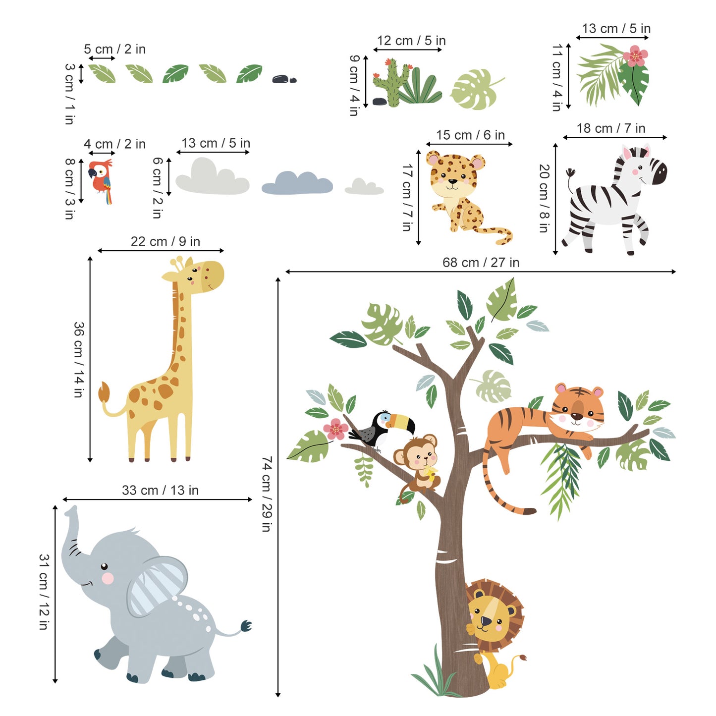 decalmile Jungle Animals Tree Wall Decals Elephant Giraffe Lion Safari Wall Stickers