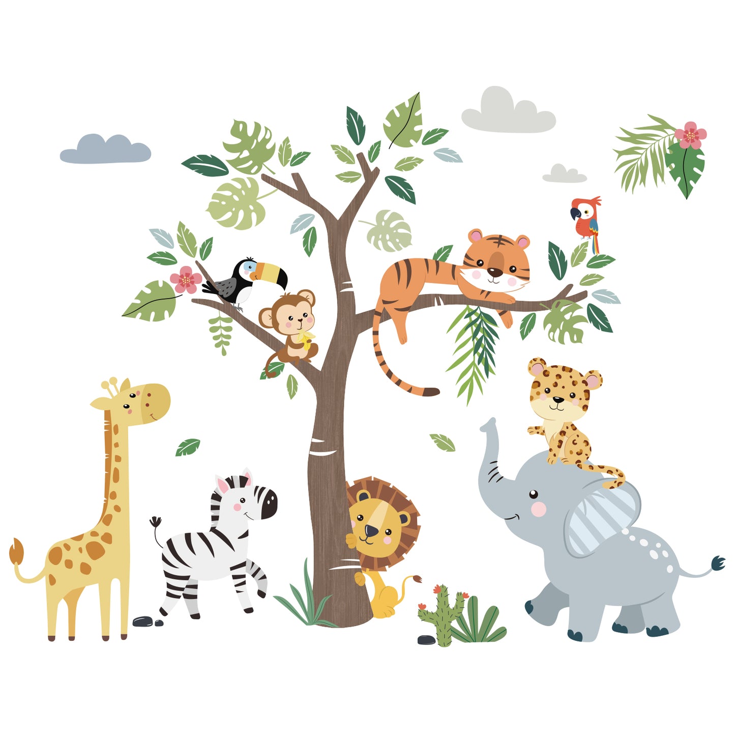 decalmile Jungle Animals Tree Wall Decals Elephant Giraffe Lion Safari Wall Stickers