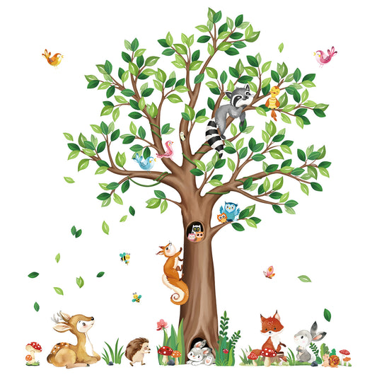 decalmile Woodland Animals Large Tree Wall Stickers Bear Fox Deer Wall Decals (53Inches)