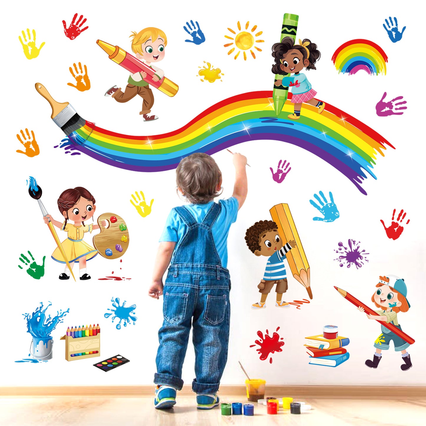 decalmile Reading Corner Rainbow Wall Decals Colorful Handprint Splatter Educational Wall Stickers