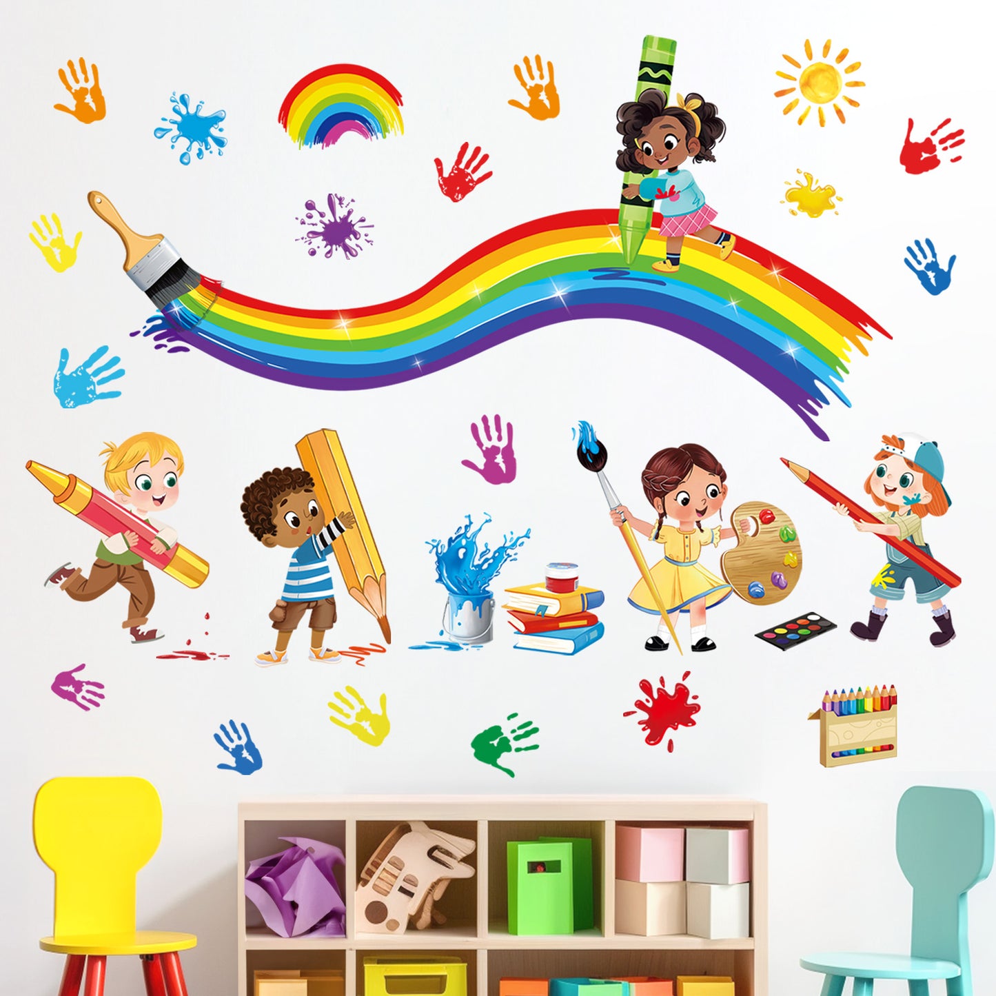 decalmile Reading Corner Rainbow Wall Decals Colorful Handprint Splatter Educational Wall Stickers