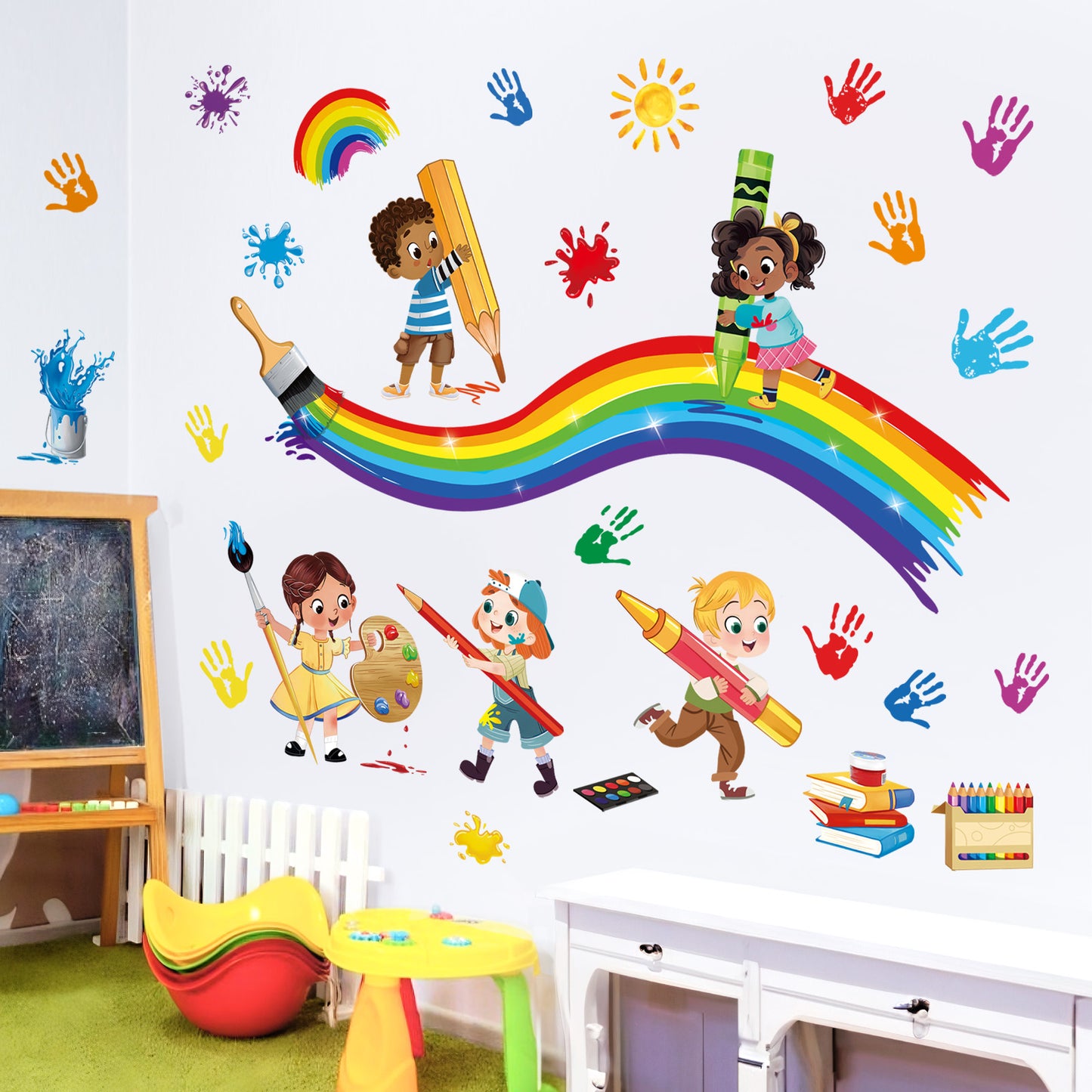 decalmile Reading Corner Rainbow Wall Decals Colorful Handprint Splatter Educational Wall Stickers