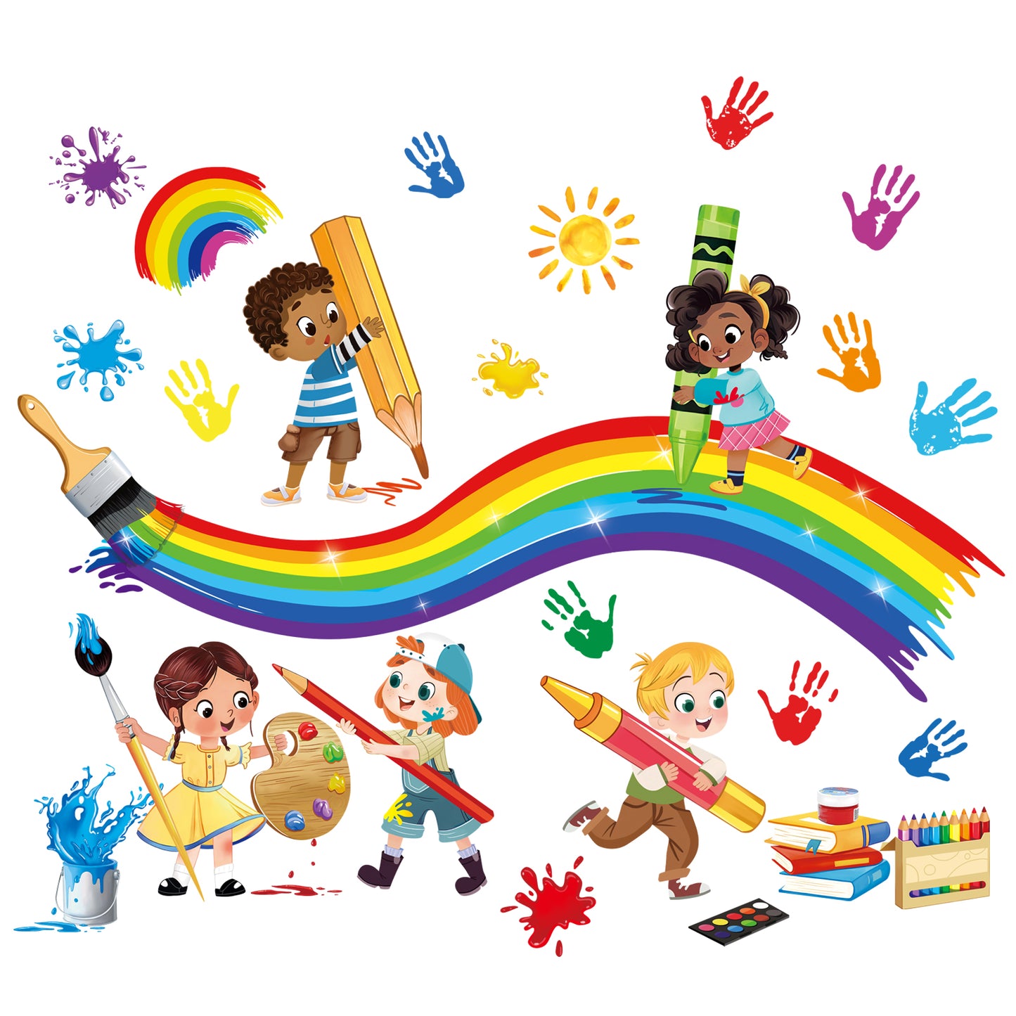 decalmile Reading Corner Rainbow Wall Decals Colorful Handprint Splatter Educational Wall Stickers