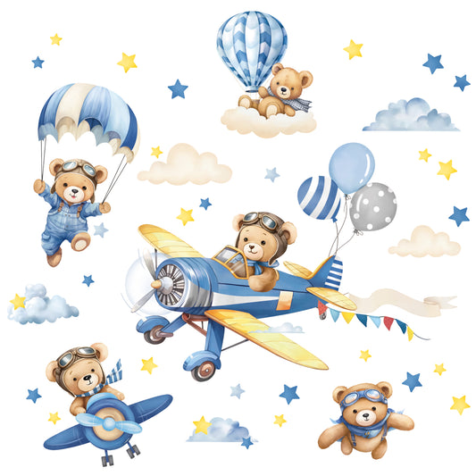 decalmile Airplane with Animals Wall Stickers Hot Air Balloon Bear Clouds Wall Decals