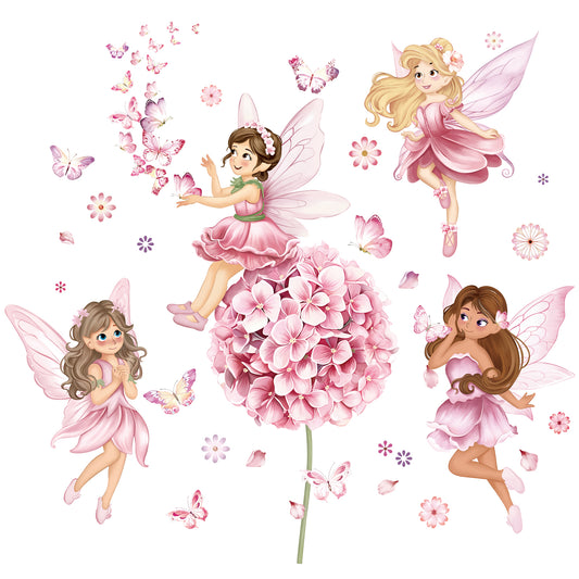 decalmile Fairy Girl with Flower Wall Decals Large Pink Dandelion Floral Butterfly Elves Wall Stickers