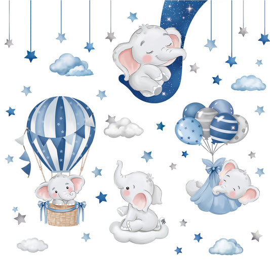 decalmile Blue Grey Sleeping Elephant Wall Decals Hot Air Balloon Moon Clouds Stars Wall Stickers