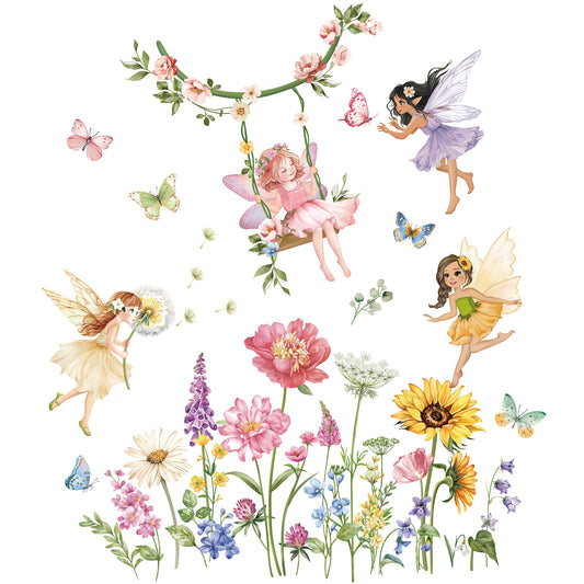 decalmile Flower Fairy Wall Decals Butterfly Girl with Wildflower Sunflower Wall Stickers